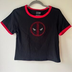 Marvel Deadpool Ringer Crop Tee Her Universe Hot Topic L Black Red Rhinestone